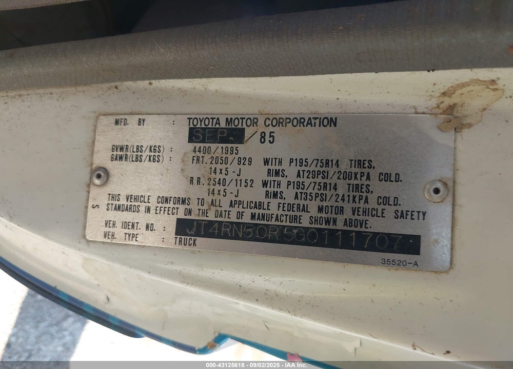 1986 TOYOTA PICKUP 1/2 TON RN50 VIN: JT4RN50R5G0111707