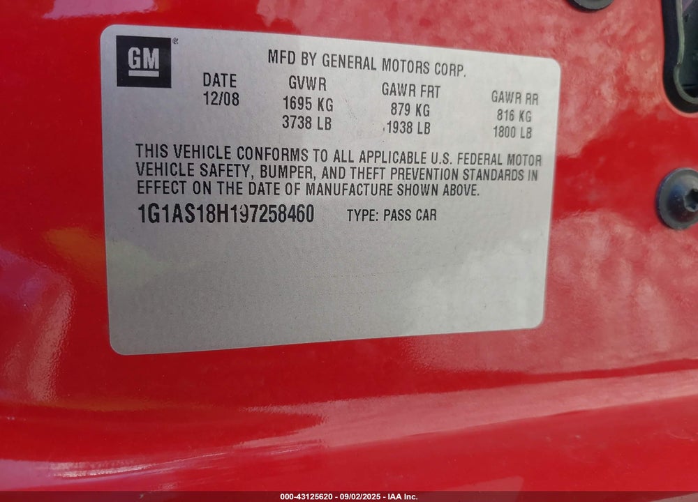 2009 CHEVROLET COBALT VIN: 1G1AS18H197258460