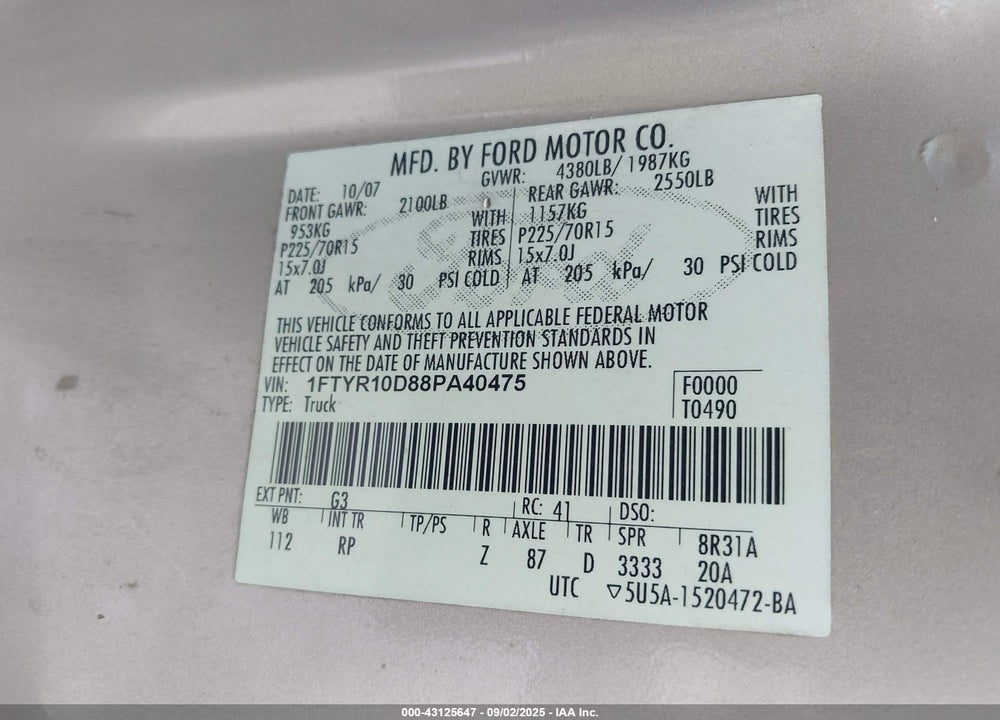 2008 FORD RANGER VIN: 1FTYR10D88PA40475