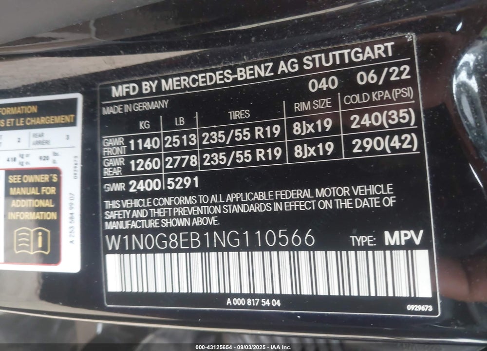 2022 MERCEDES-BENZ GLC CLASS VIN: W1N0G8EB1NG110566
