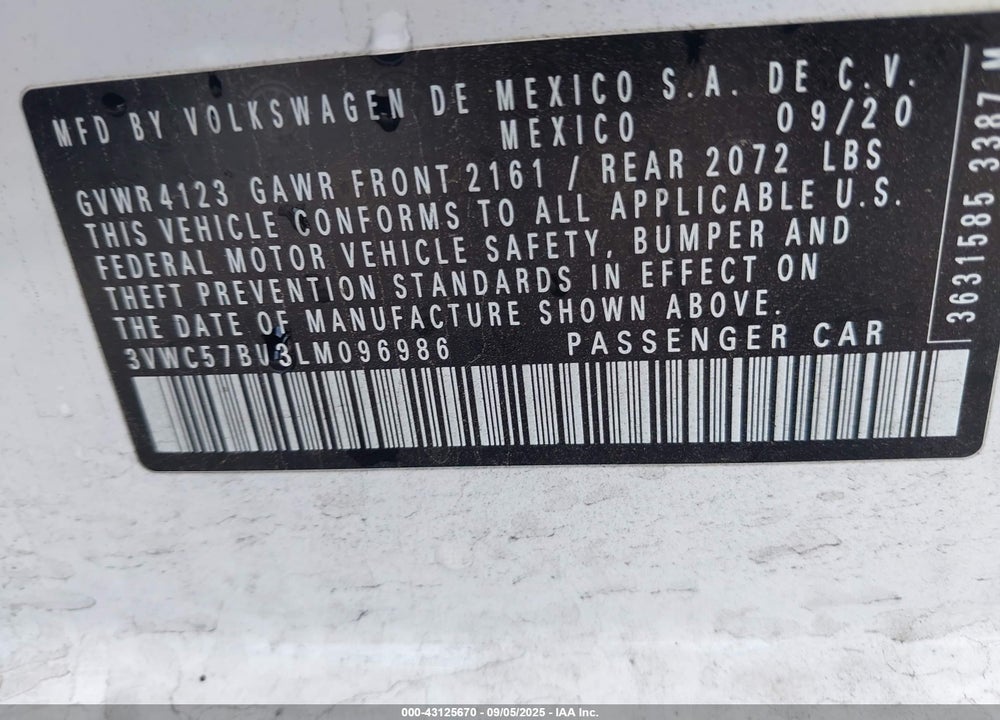 2020 VOLKSWAGEN JETTA 1.4T R-LINE/1.4T S/1.4T SE VIN: 3VWC57BU3LM096986