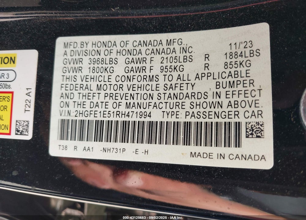 2024 HONDA CIVIC SI SEDAN VIN: 2HGFE1E51RH471994