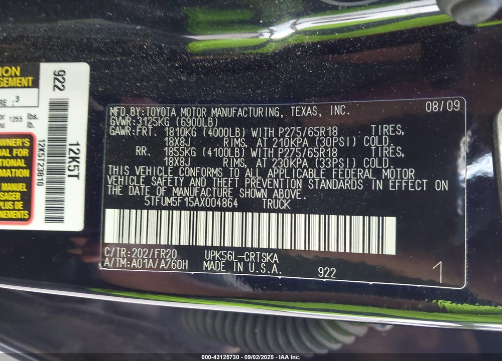 2010 TOYOTA TUNDRA GRADE 4.6L V8 VIN: 5TFUM5F15AX004864