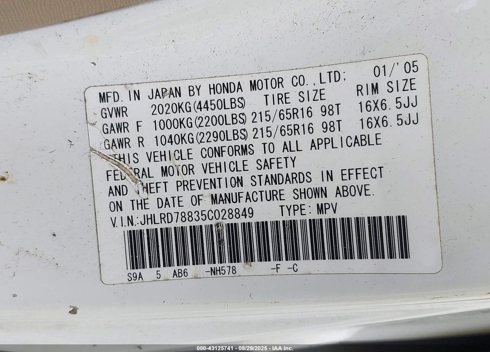 2005 HONDA CR-V EX VIN: JHLRD78835C028849