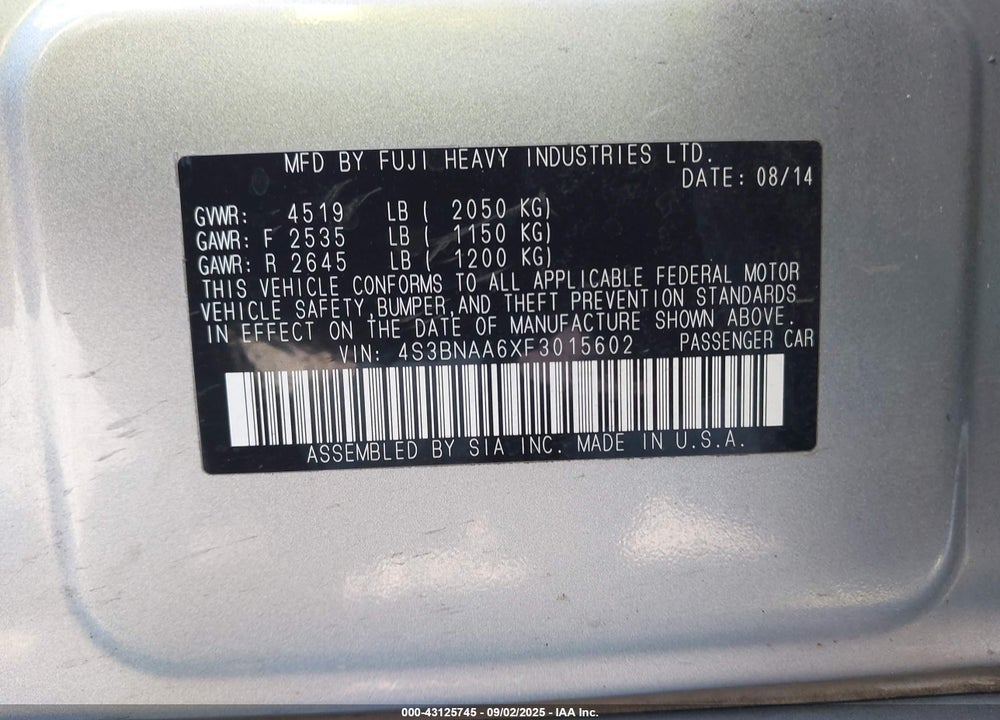 2015 SUBARU LEGACY VIN: 4S3BNAA6XF3015602