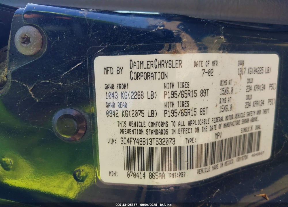 2003 CHRYSLER PT CRUISER VIN: 3C4FY48B13T532073