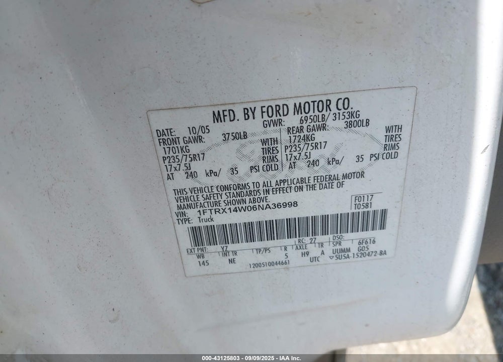 2006 FORD F-150 STX/XL/XLT VIN: 1FTRX14W06NA36998
