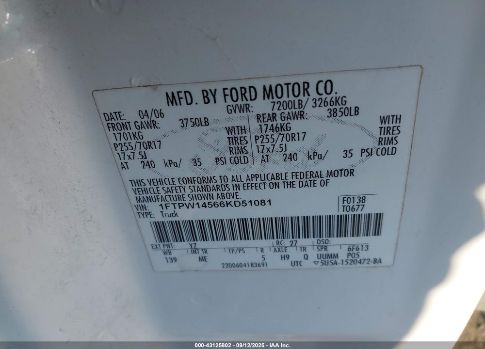 2006 FORD F-150 FX4/LARIAT/XLT VIN: 1FTPW14566KD51081