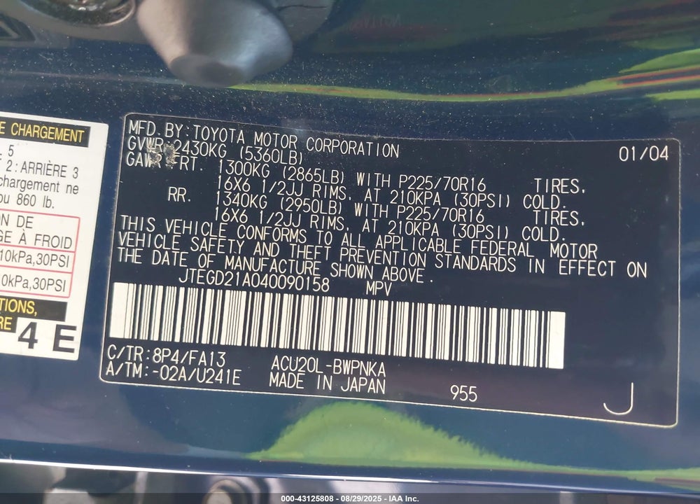 2004 TOYOTA HIGHLANDER VIN: JTEGD21A040090158