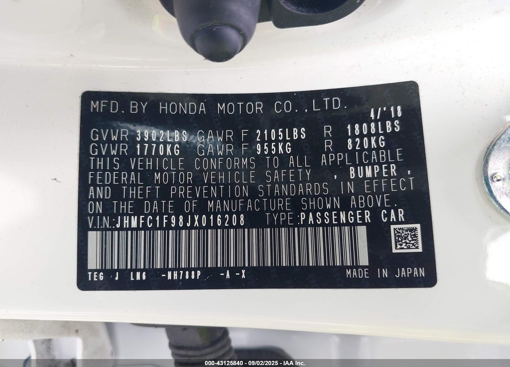 2018 HONDA CIVIC VIN: JHMFC1F98JX016208