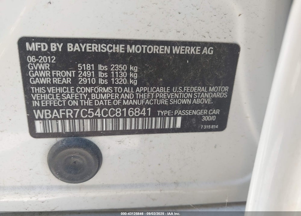 2012 BMW 5 SERIES VIN: WBAFR7C54CC816841