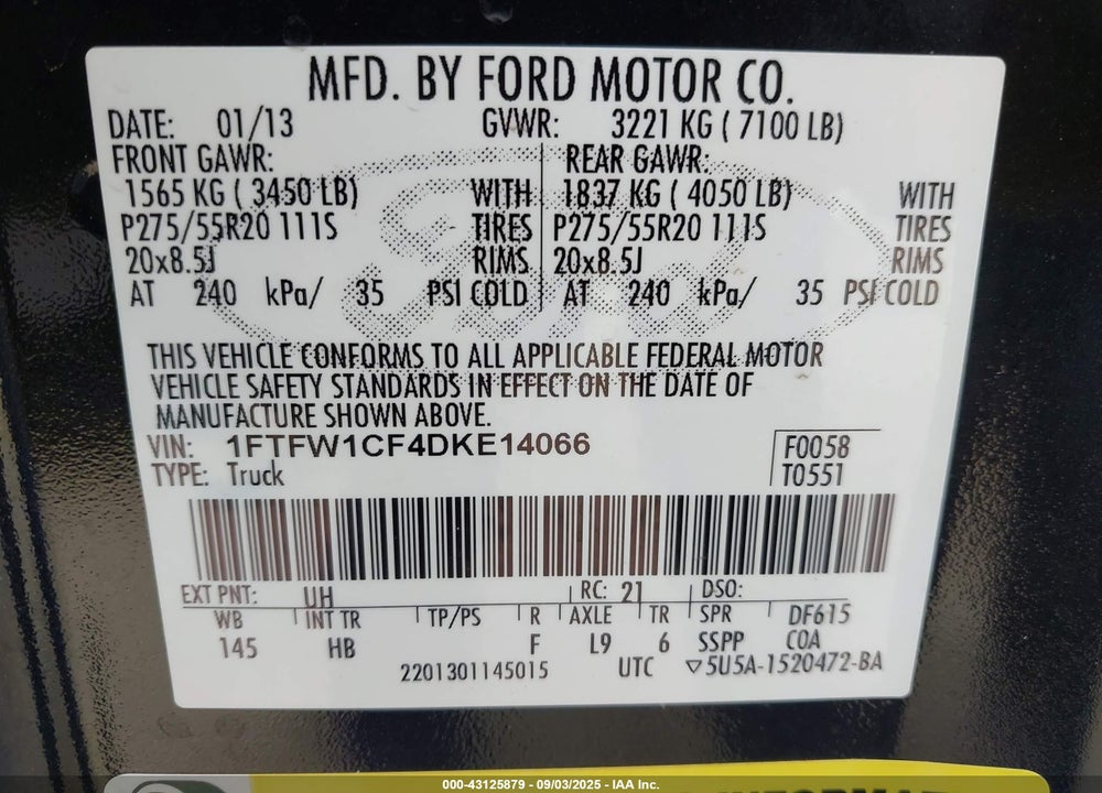 2013 FORD F-150 LARIAT VIN: 1FTFW1CF4DKE14066
