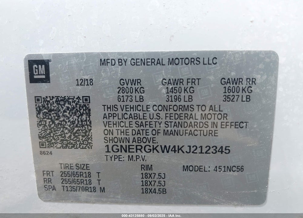 2019 CHEVROLET TRAVERSE VIN: 1GNERGKW4KJ212345