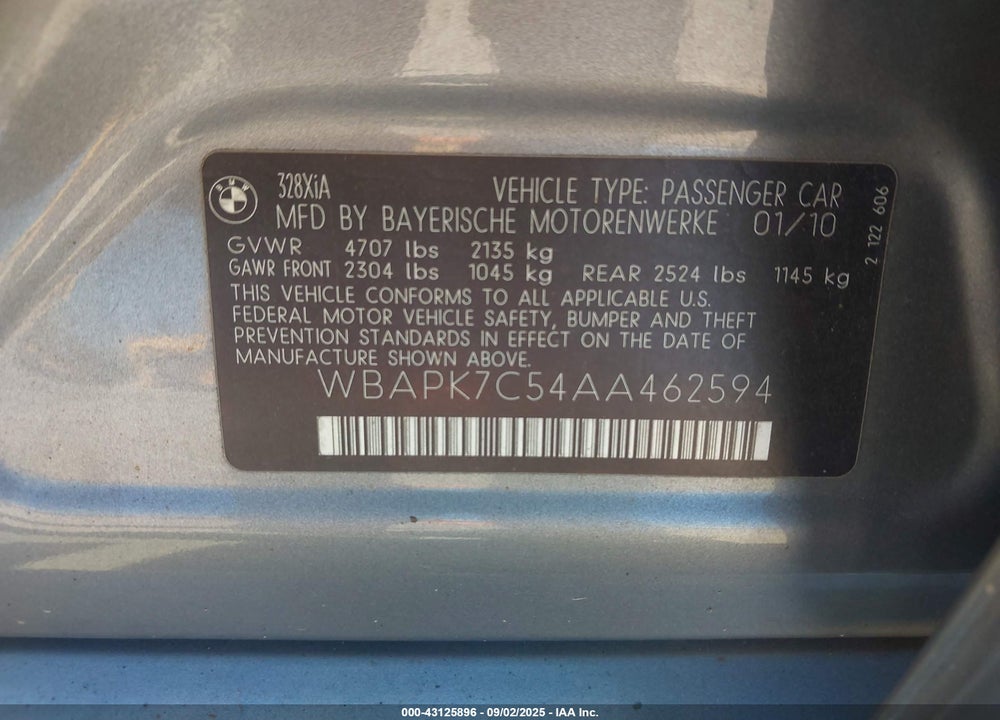 2010 BMW 3 SERIES VIN: WBAPK7C54AA462594