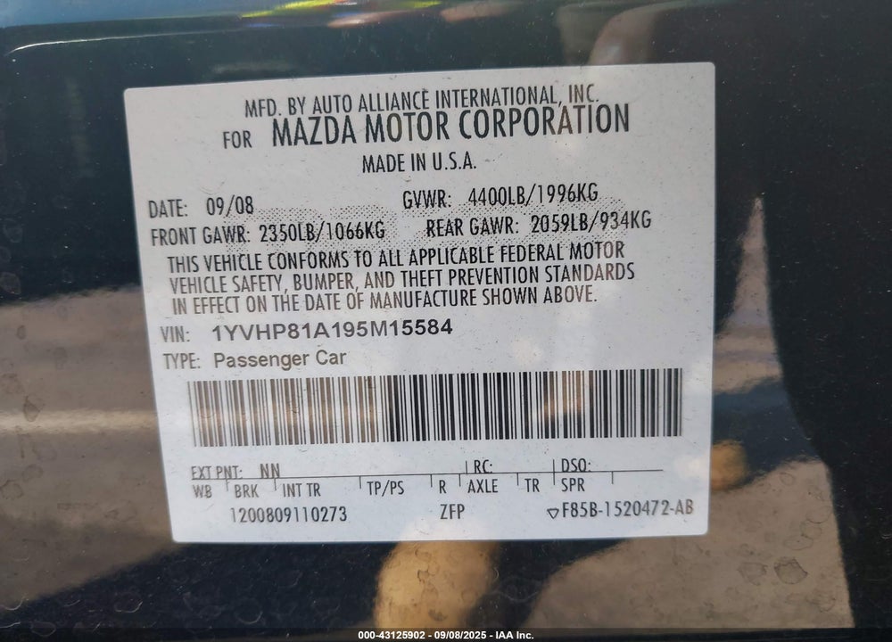 2009 MAZDA 6 VIN: 1YVHP81A195M15584
