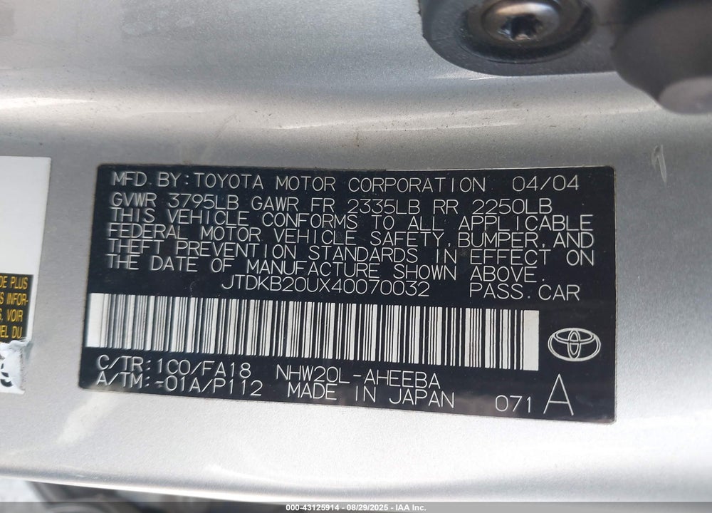 2004 TOYOTA PRIUS VIN: JTDKB20UX40070032
