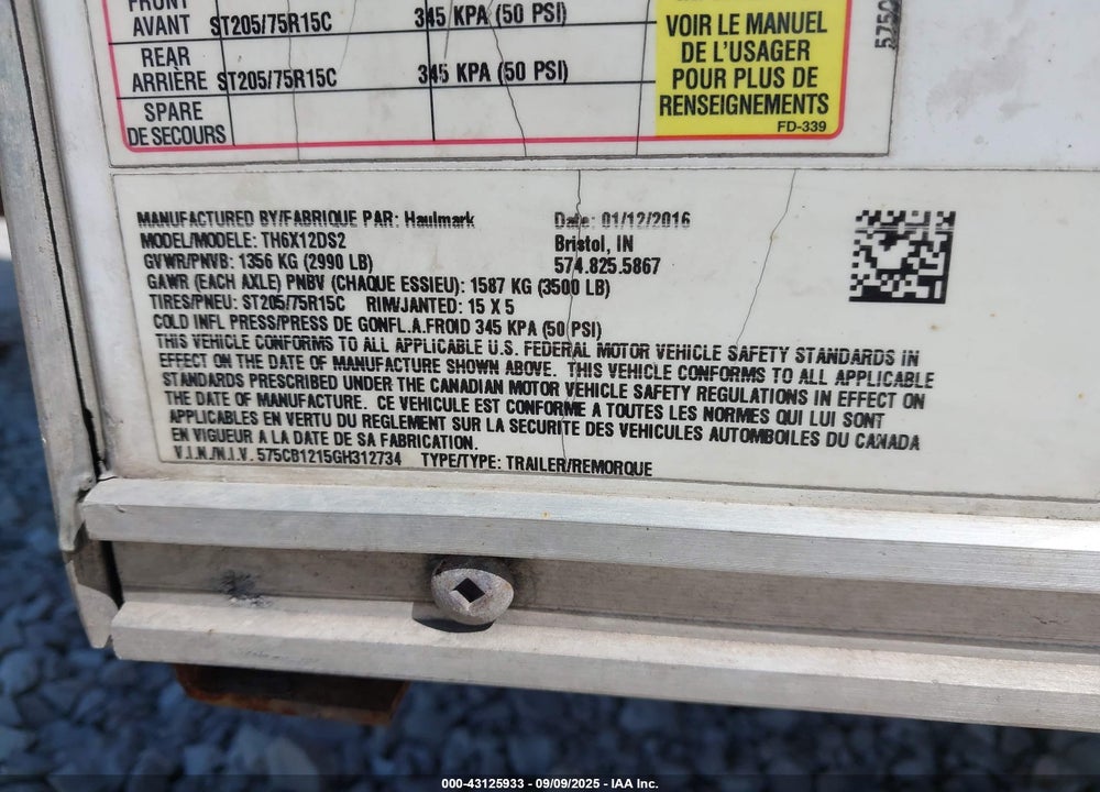 2016 HAULMARK ENCLOSED TRAILER VIN: 575CB1215GH312734