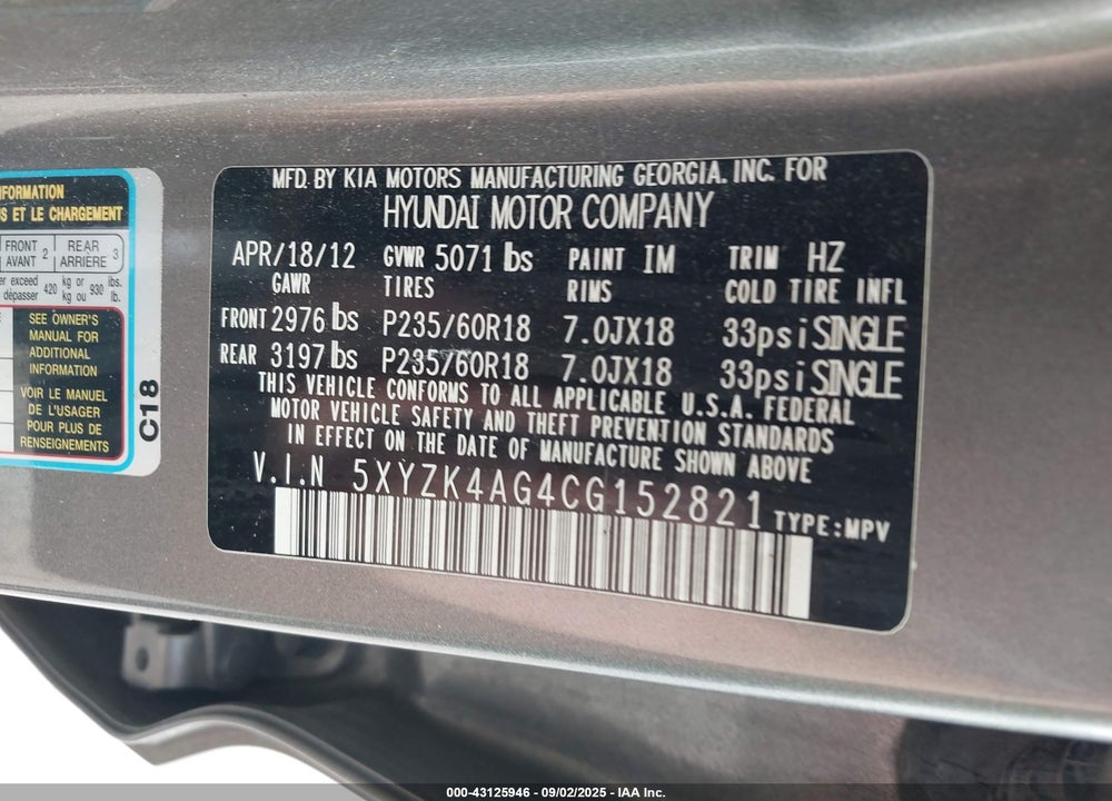2012 HYUNDAI SANTA FE VIN: 5XYZK4AG4CG152821
