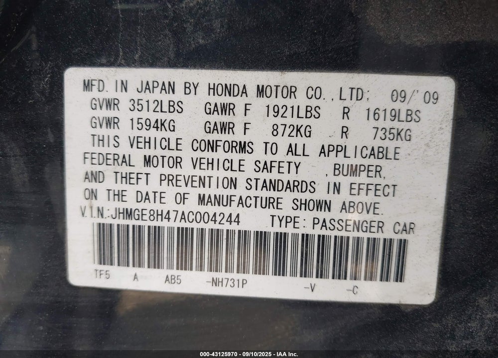 2010 HONDA FIT SPORT VIN: JHMGE8H47AC004244