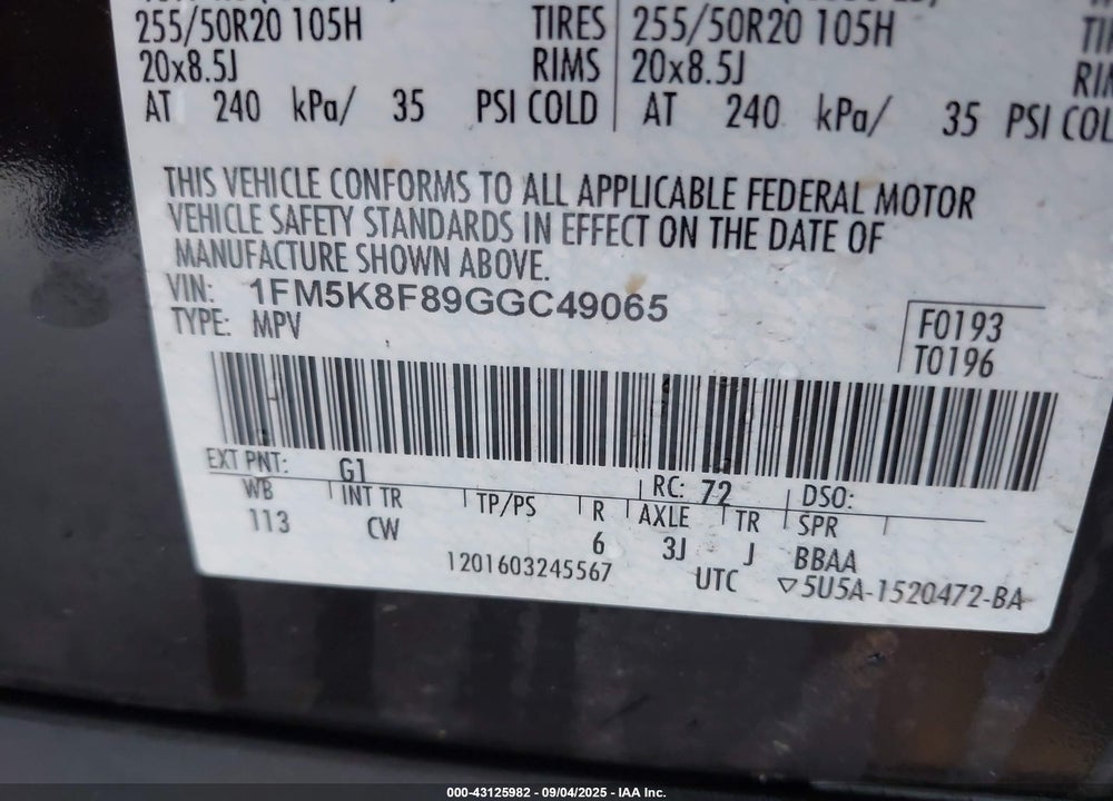 2016 FORD EXPLORER VIN: 1FM5K8F89GGC49065