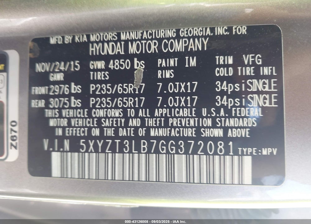 2016 HYUNDAI SANTA FE VIN: 5XYZT3LB7GG372081