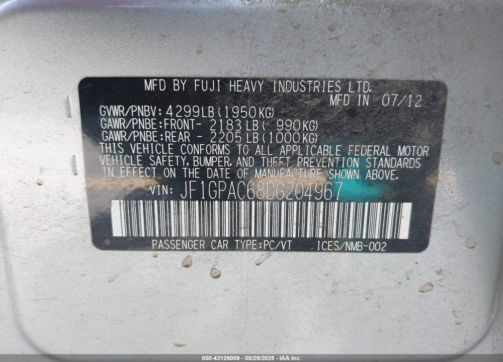 2013 SUBARU IMPREZA 2.0I PREMIUM VIN: JF1GPAC68DG204967