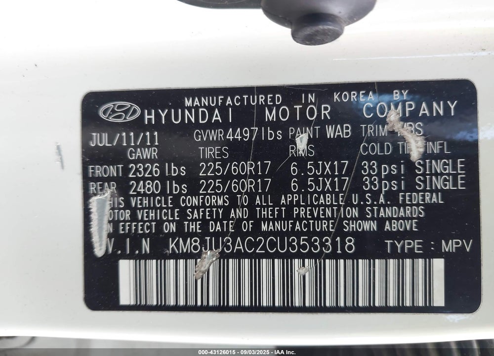 2012 HYUNDAI TUCSON VIN: KM8JU3AC2CU353318