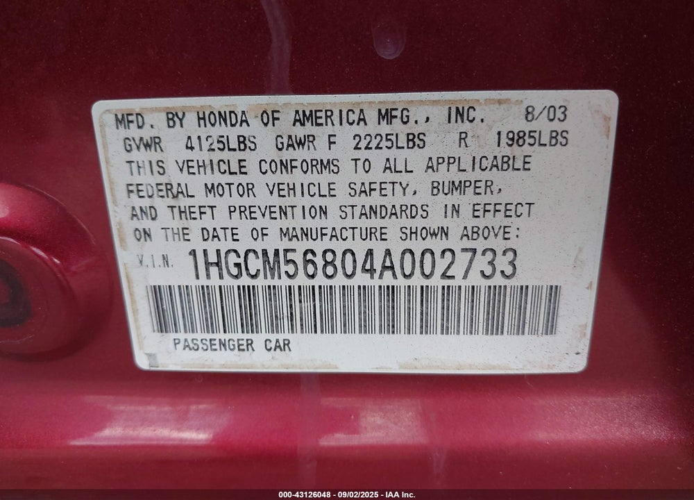 2004 HONDA ACCORD 2.4 EX VIN: 1HGCM56804A002733