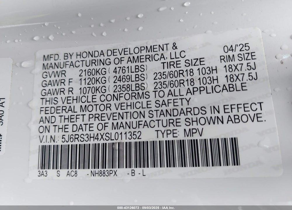 2025 HONDA CR-V VIN: 5J6RS3H4XSL011352