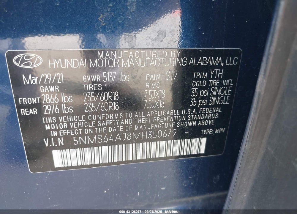 2021 HYUNDAI SANTA FE VIN: 5NMS64AJ8MH350679
