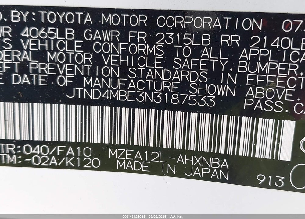 2022 TOYOTA COROLLA SE VIN: JTND4MBE3N3187533