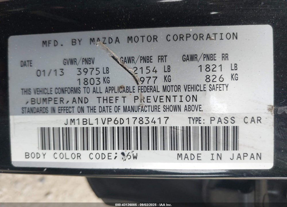 2013 MAZDA 3 VIN: JM1BL1VP6D1783417