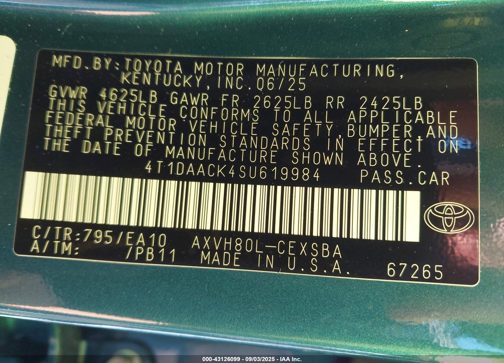 2025 TOYOTA CAMRY SE VIN: 4T1DAACK4SU619984
