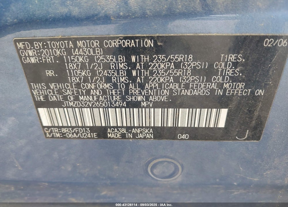 2006 TOYOTA RAV4 SPORT VIN: JTMZD32V265013494