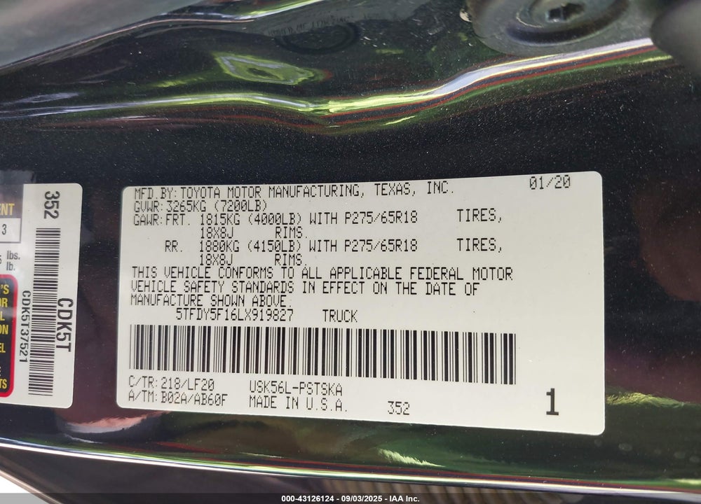 2020 TOYOTA TUNDRA VIN: 5TFDY5F16LX919827