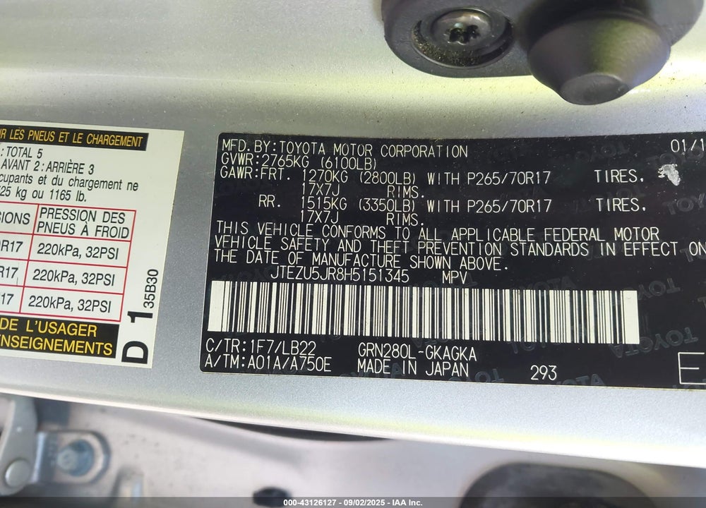 2017 TOYOTA 4RUNNER VIN: JTEZU5JR8H5151345