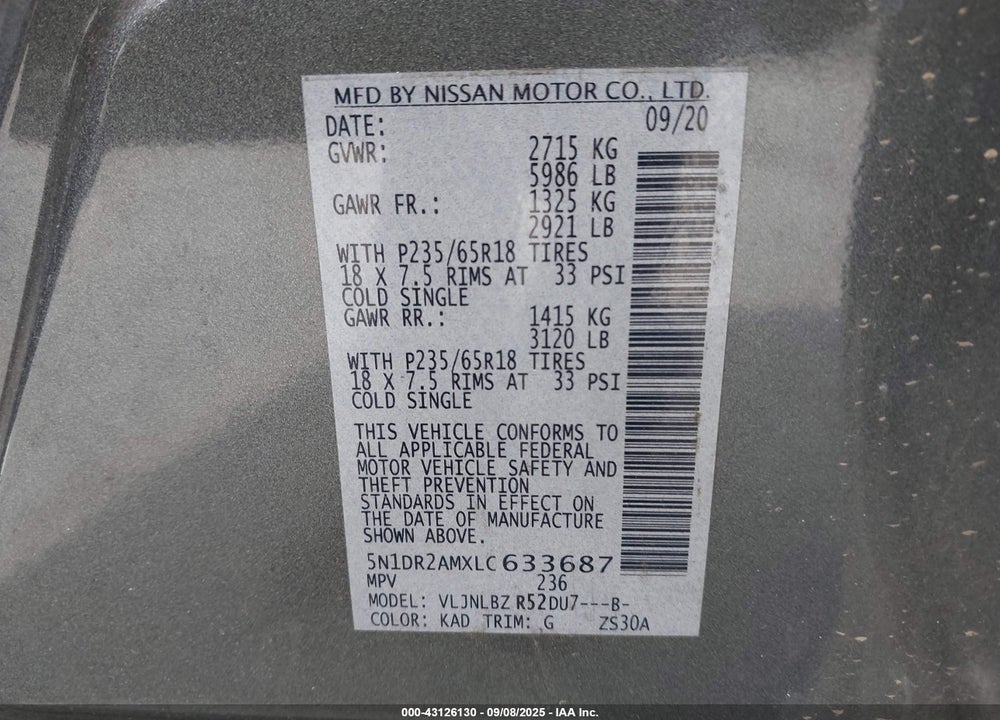 2020 NISSAN PATHFINDER S 4WD VIN: 5N1DR2AMXLC633687