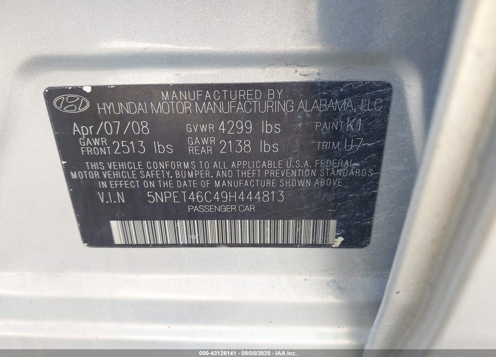 2009 HYUNDAI SONATA VIN: 5NPET46C49H444813