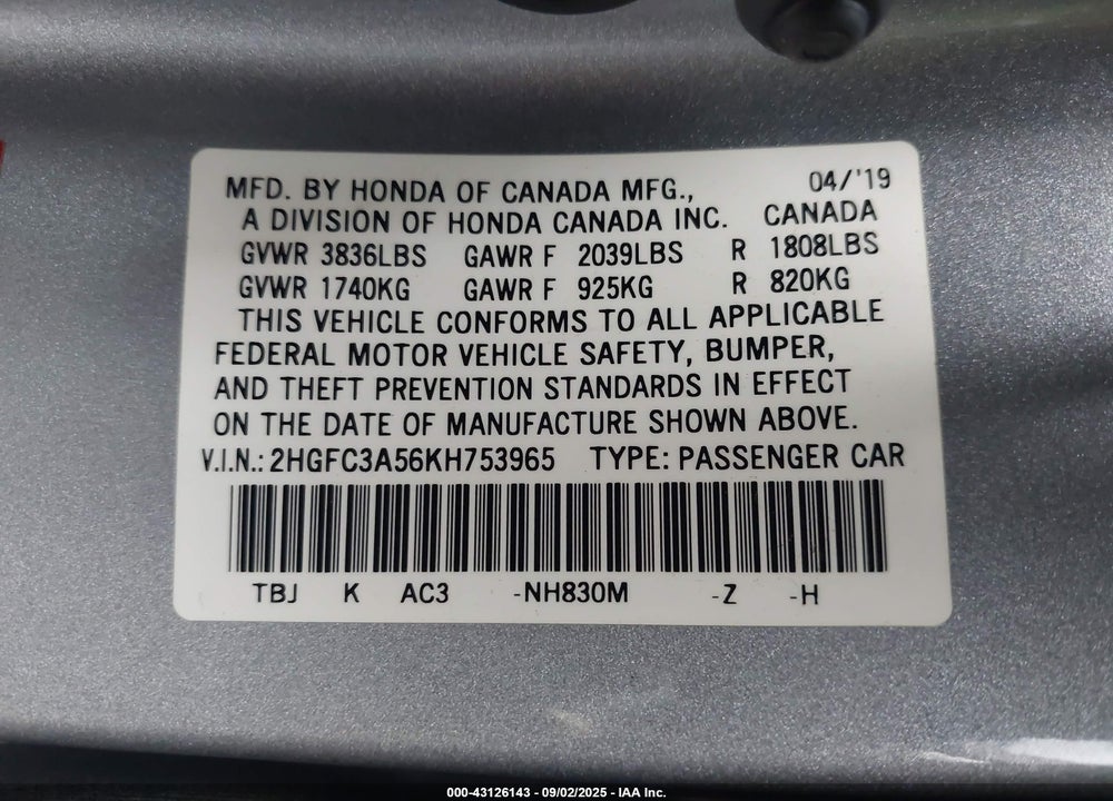 2019 HONDA CIVIC VIN: 2HGFC3A56KH753965