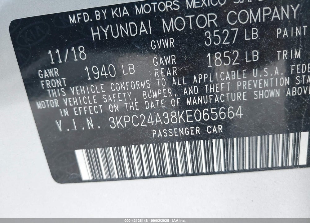 2019 HYUNDAI ACCENT VIN: 3KPC24A38KE065664
