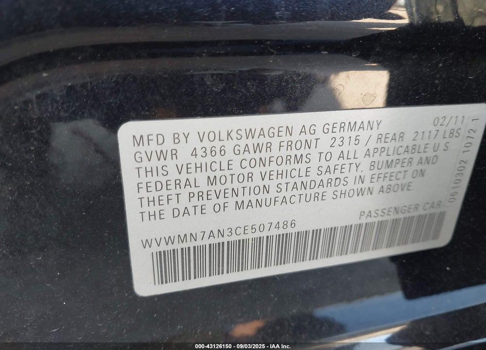 2012 VOLKSWAGEN CC VIN: WVWMN7AN3CE507486