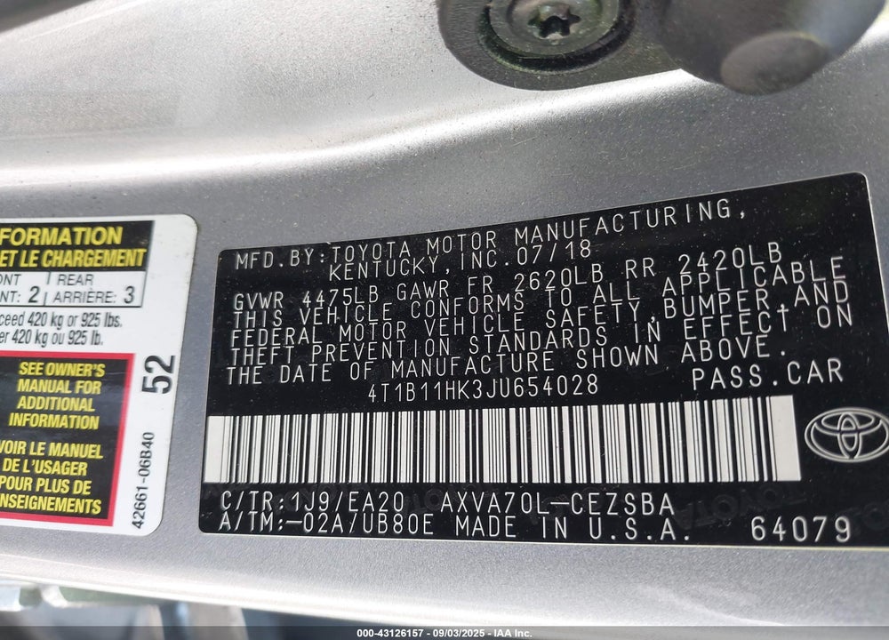 2018 TOYOTA CAMRY VIN: 4T1B11HK3JU654028