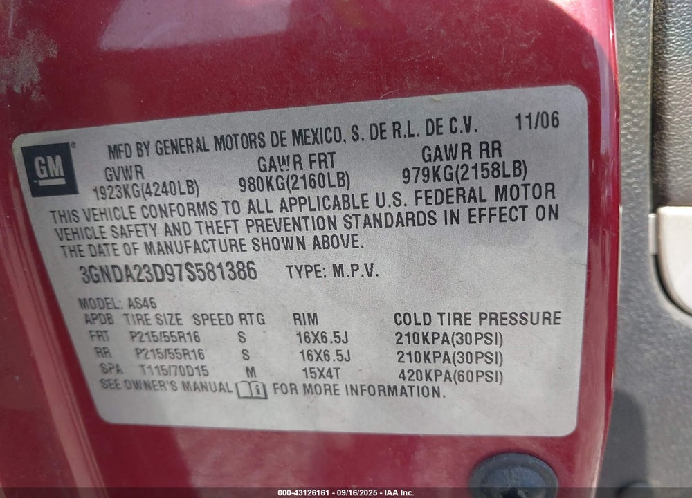 2007 CHEVROLET HHR LT VIN: 3GNDA23D97S581386