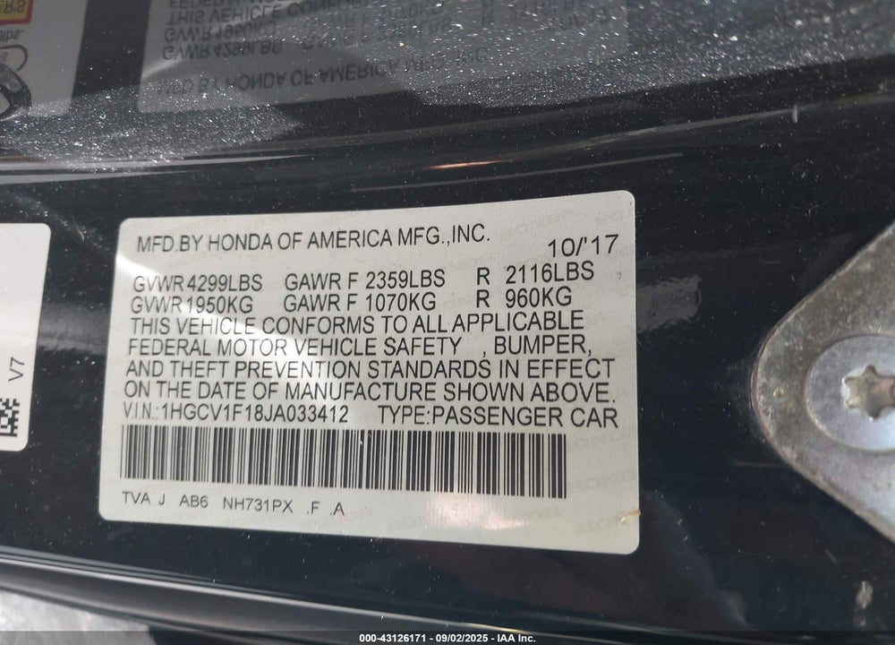 2018 HONDA ACCORD VIN: 1HGCV1F18JA033412