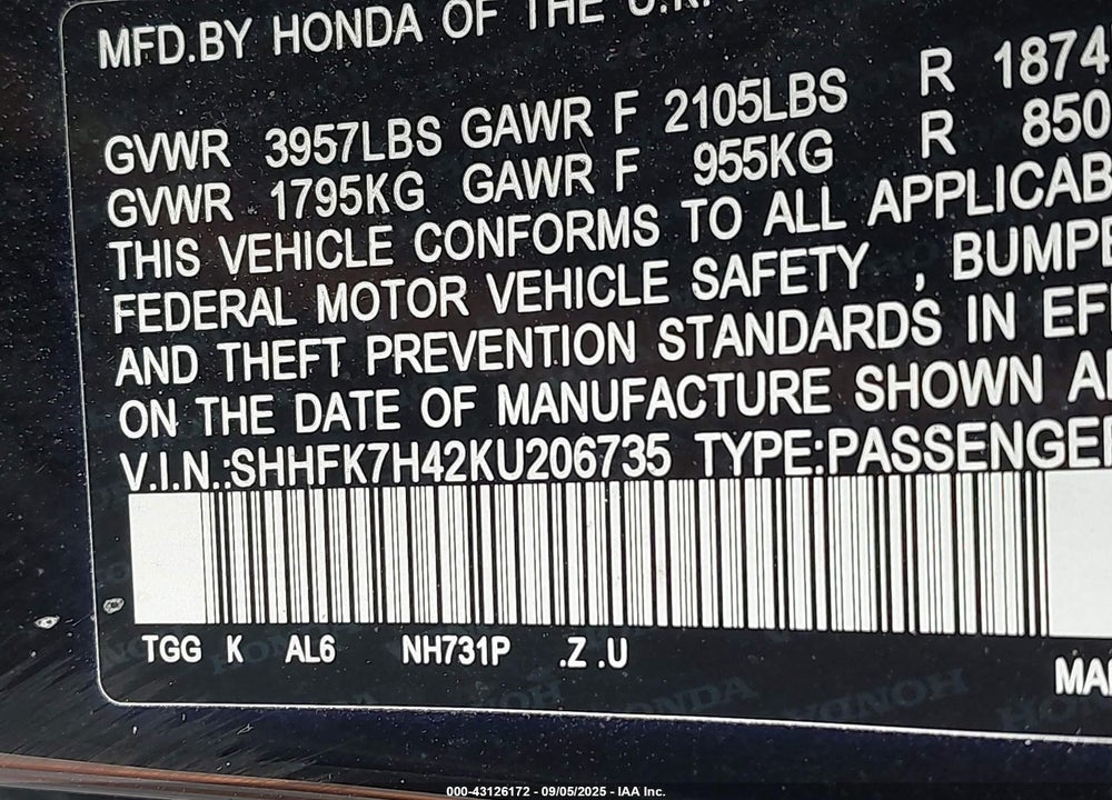 2019 HONDA CIVIC SPORT VIN: SHHFK7H42KU206735