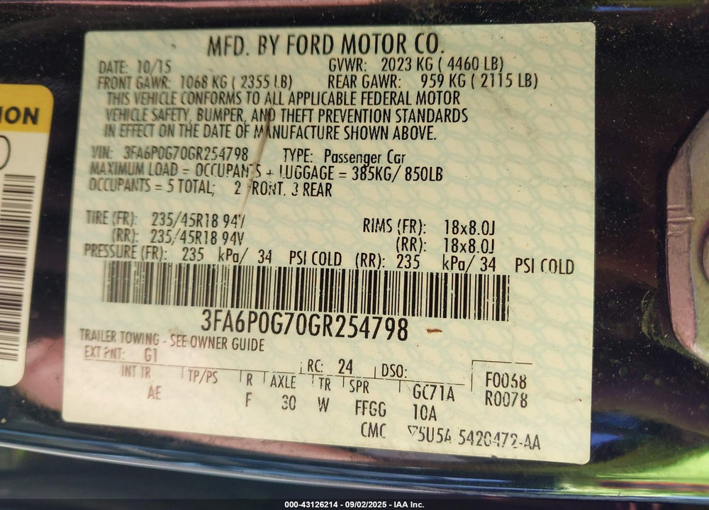 2016 FORD FUSION VIN: 3FA6P0G70GR254798