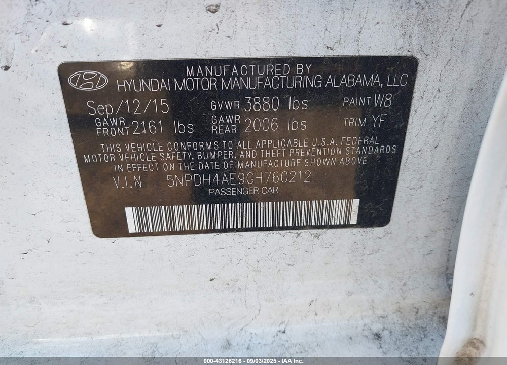 2016 HYUNDAI ELANTRA SE VIN: 5NPDH4AE9GH760212