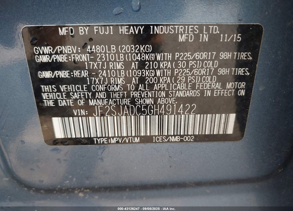 2016 SUBARU FORESTER VIN: JF2SJADC5GH491422