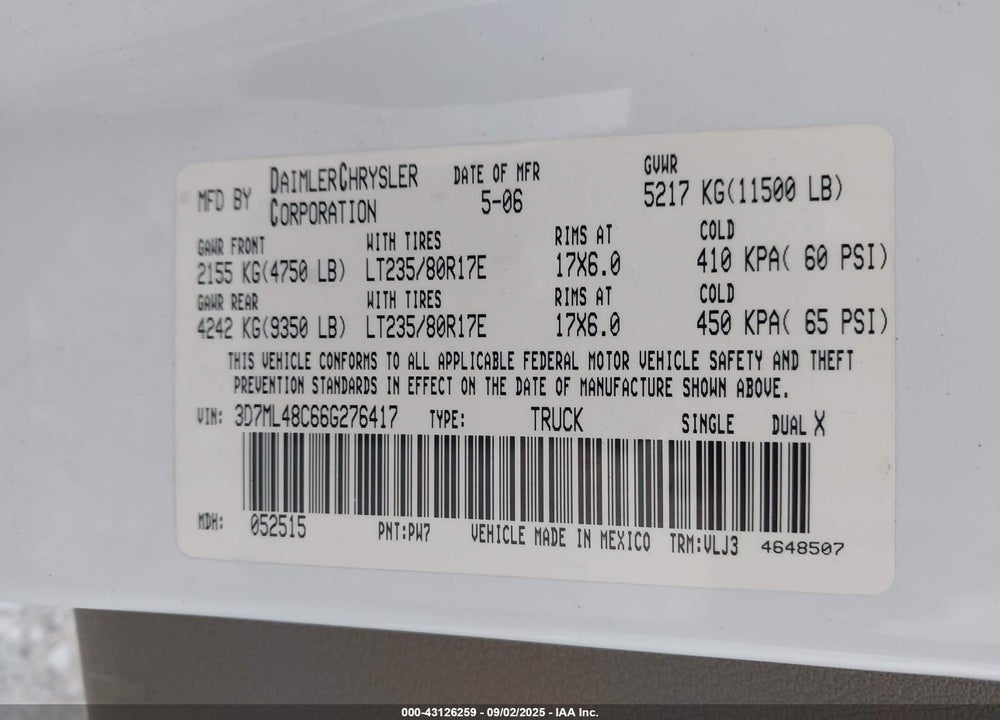 2006 DODGE RAM 3500 LARAMIE VIN: 3D7ML48C66G276417