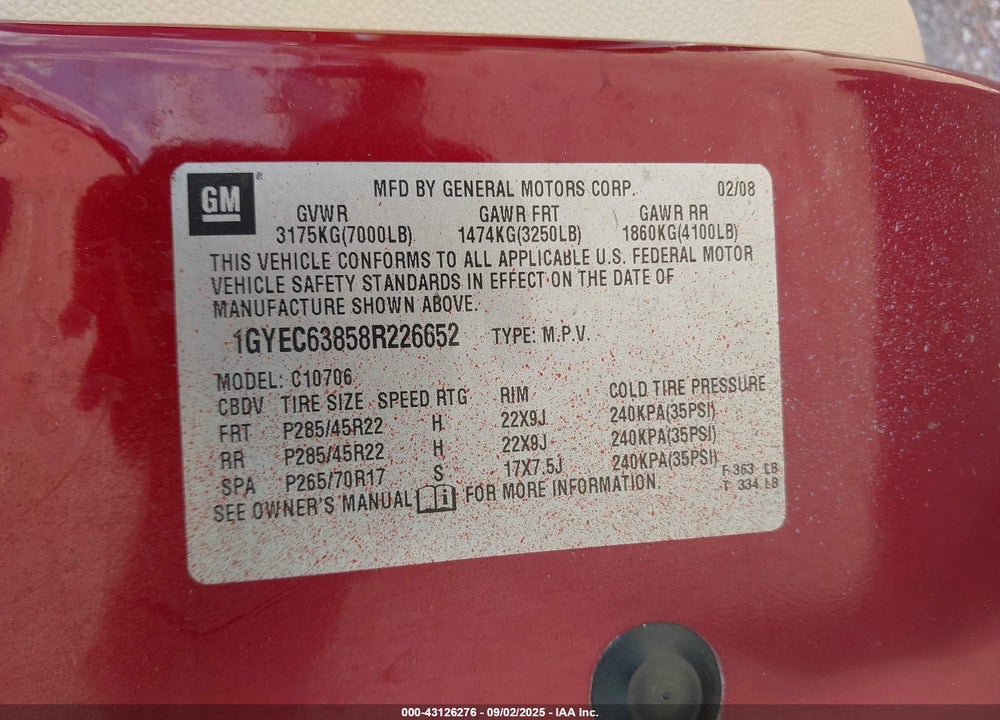 2008 CADILLAC ESCALADE STANDARD VIN: 1GYEC63858R226652